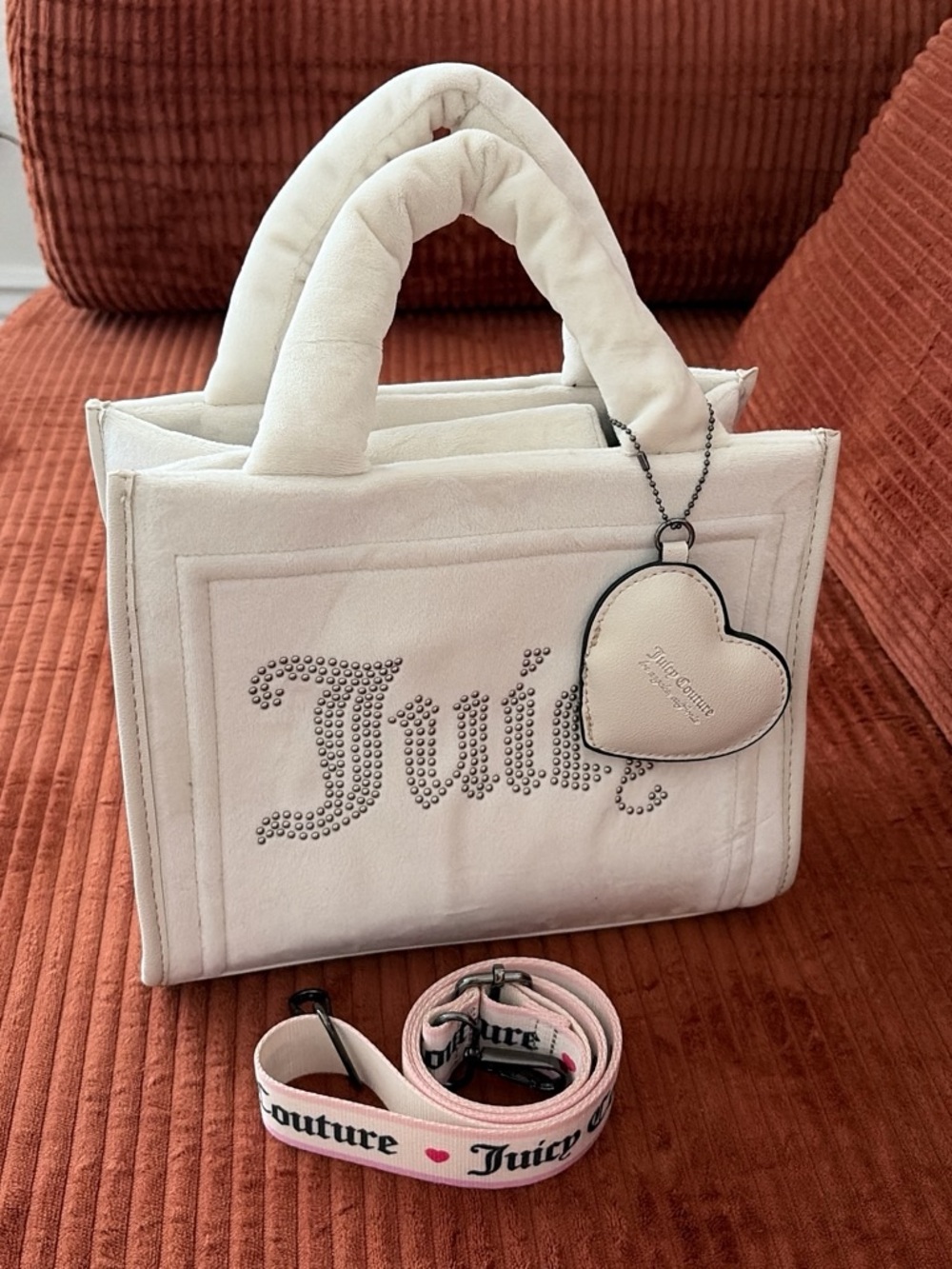 Juicy Couture Cream Quilted Tote with Heart Charm and Strap